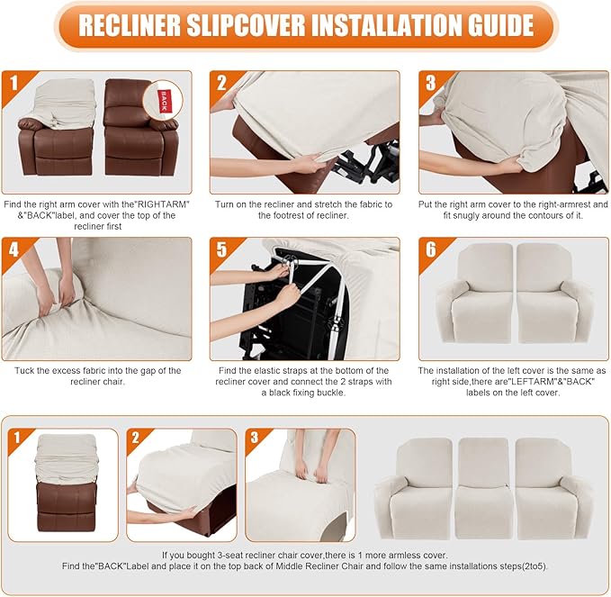 VANSOFY Recliner Cover, 3-Pieces Stretch Reclining Couch Covers with Pockets Reclining Sofa Slipcovers 3 Seater Soft Washable Furniture Protector for Dogs Cats(Off White)