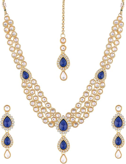 Aheli Indian Traditional Bollywood Kundan Maang Tikka Earrings Necklace Set Ethnic Jewelry Gift for Women Green Blue