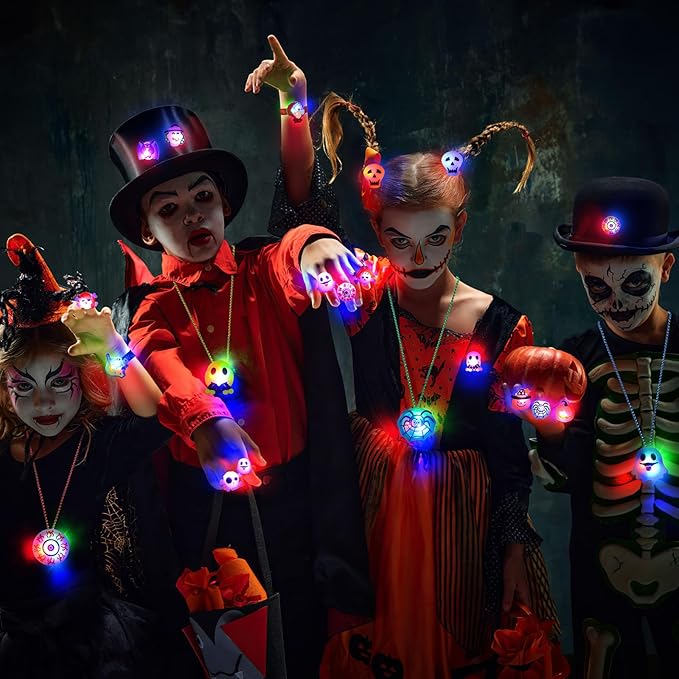 Halloween Party Favors for Kids, 118PCS Halloween Light Up Toys including Necklaces Rings Bracelets Brooches, Glow in the Dark Halloween Toys Bulk, Halloween Goodie Bag Fillers Treats Classroom Favors