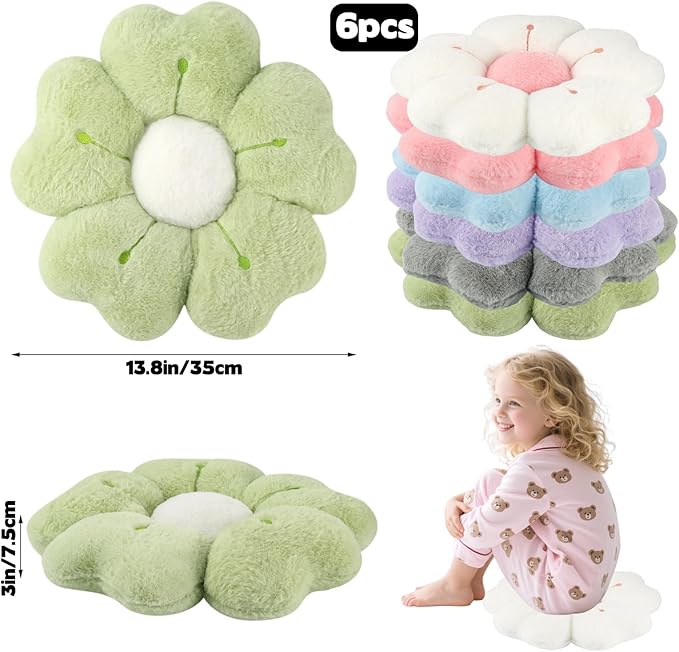6 PCS Daisy Flower Shaped Throw Pillow, Cute Floor Cushion Seating Decorative Soft Plush 3D Floral Cushion for Couch, Bed, Sofa, Chair & Home Decor (Multicolored, 14 Inch)
