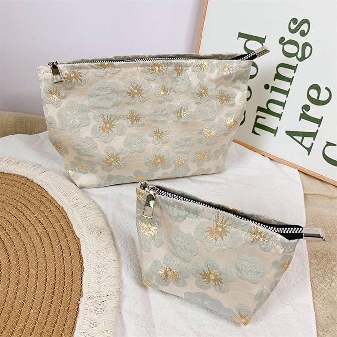 HAPPYHEIDI Aesthetic Floral Makeup Bag Cosmetic Travel Zipper Pouch,Purse Make Up Organizer, Textured Fabric,Canvas Lined,Beige Golden,Large