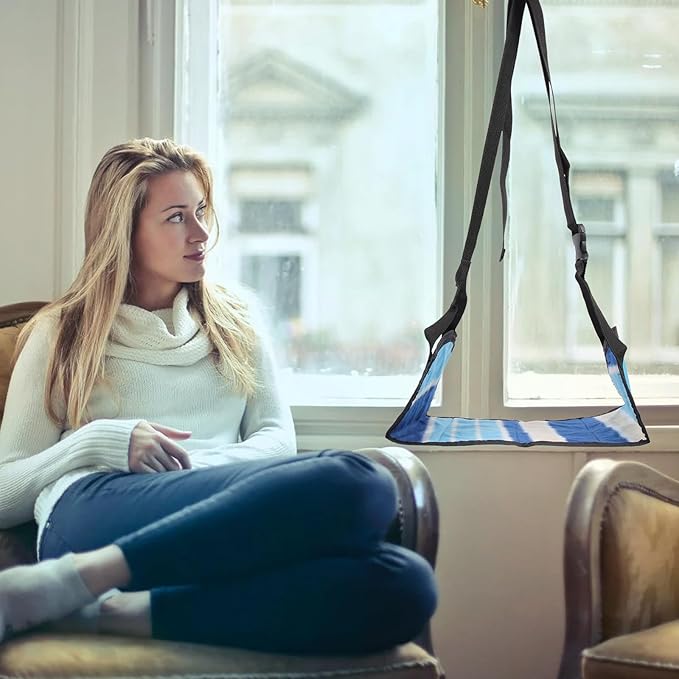 WRITWAA Portable Airplane Foot Hammock Travel Footrest 48X24Cm Blue Striped Footrest for Flight, Bus, Office, Home – Lightweight Hanging Foot Support for Long Trips and Air Travel