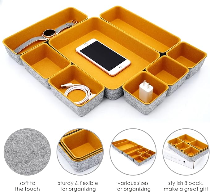 Welaxy Felt Desk Drawer Organizer Trays, 8-Piece Storage Bins for Office Supplies, Entryway Catchall, Makeup & Decluttering (Curry)