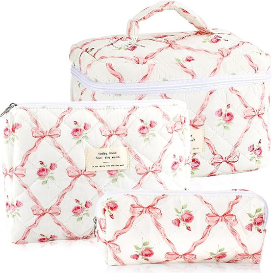 URSKYTOUS 3Pcs Makeup Bag Quilted Cosmetic Bag Set Bow Travel Large Makeup Pouch for Women Cute Portable Cotton Toiletry Bag Skincare Organizer Coquette Vintage Travel Essential
