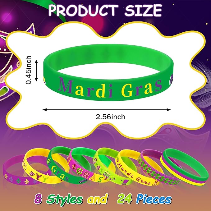 JUNEBRUSHS 24Pcs Mardi Gras Silicone Rubber Wristbands Bracelets for Mardi Gras Carnival Birthday Party Favors Supplies Decorations Goodie Bag Stuff Fillers (8 Designs)