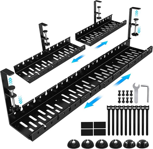 Shikha Under Desk Cable Tray, 15.7"-30.7" Retractable Under Desk Cable Management, No Drilling Cord Organizer with Clamp, Wire Management for Home Office -Black