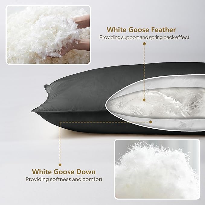 Goose Down Body Pillows for Adults, Large Body Pillow for Side Sleeper, Hugging Feather Body Pillow Insert, Cooling Full Length Long Pillow for Bed with 100% Organic Cotton Shell, (Black 20"x72")