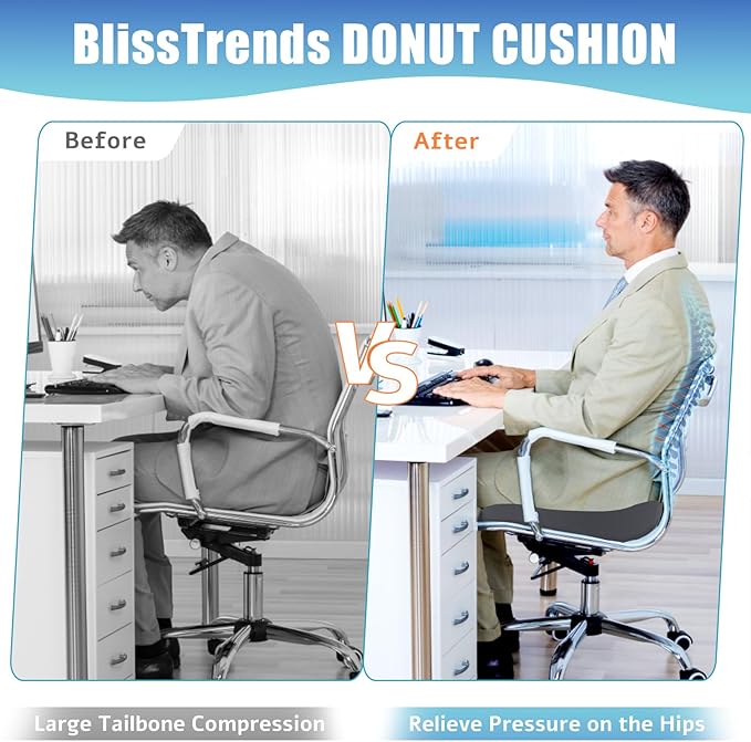 BlissTrends Donut Pillow Seat Cushion,Donut Chair Cushions for Postpartum Pregnancy & Hemorrhoids,Tailbone Pain Relief Cushion,Memory Foam Lifting Cushions for Office&Home Chairs (Grey)