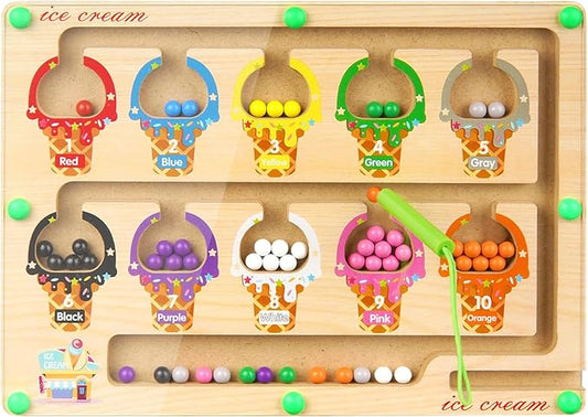 Magnetic Color and Number Maze, Wooden Color Matching Learning Counting Magnet Puzzle Board Montessori Toys, Toddler Educational Fine Motor Skills Learning Toys for Boys Girls 3+ Years Old