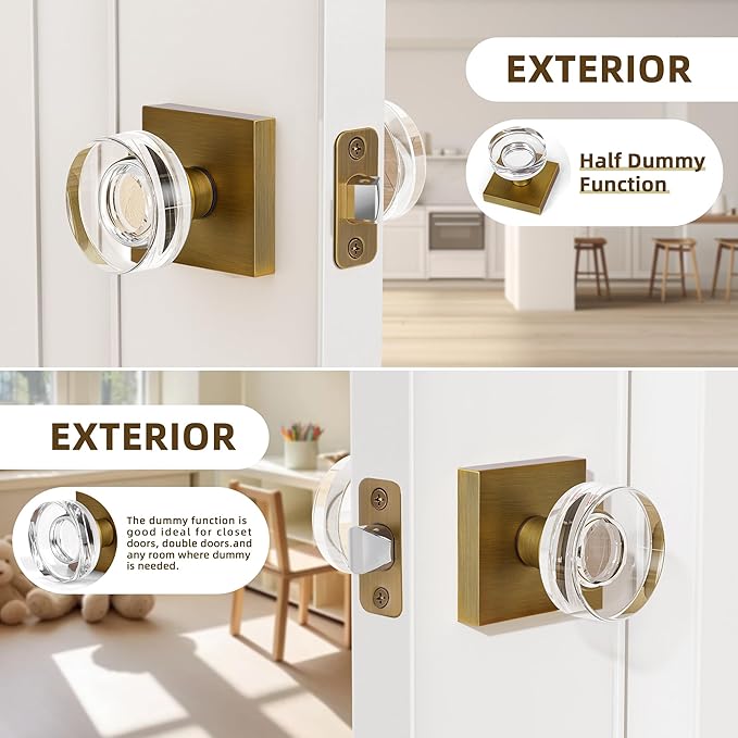 coolnews 4 Pack Antique Brass Door Knob Dummy Door Knobs Crystal Door Knobs Interior, Old Style Door Knob Square Glass Door Knob Antique Door Handle for Pantry Closet Bifold Door Knob