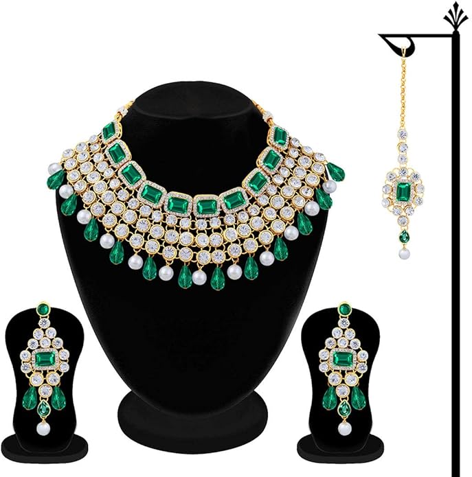 Aheli Kundan and Simulated Colored Stones Indian Ethnic Maang Tikka Necklace and Earrings Set Bollywood Festive Statement Jewelry Gift for Women