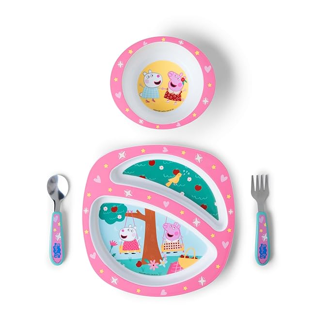 The First Years Peppa Pig Toddler Dinnerware Set - Includes Toddler Plate, Divided Bowl, and Toddler Utensils - Dishwasher Safe Toddler Feeding Supplies Made Without BPA - 4 Count