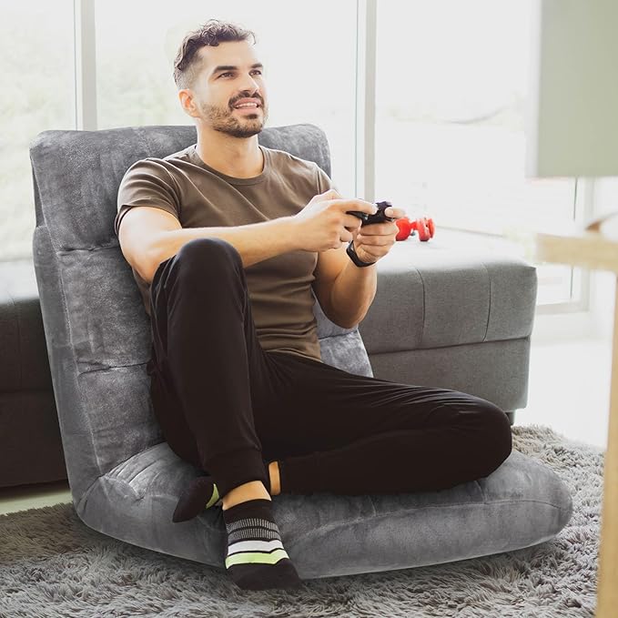 Folding Floor Chair 14-Position Cushioned Adjustable Floor Lazy Sofa Chair w/Breathable Cotton & Skin-Friendly Flannel for Adults & Kids Ideal for Reading Meditating, Grey