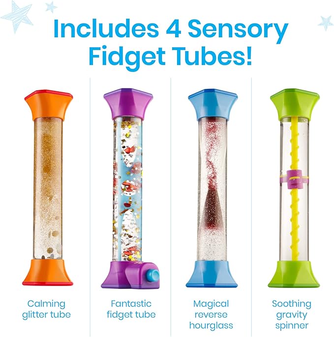hand2mind Sensory Fidget Tubes, Calming Toys for Kids, Occupational Therapy Toys, Play Therapy, Stress Relief Toy, Comfort Items for Anxiety, Calm Down Corner Supplies (Set of 4)