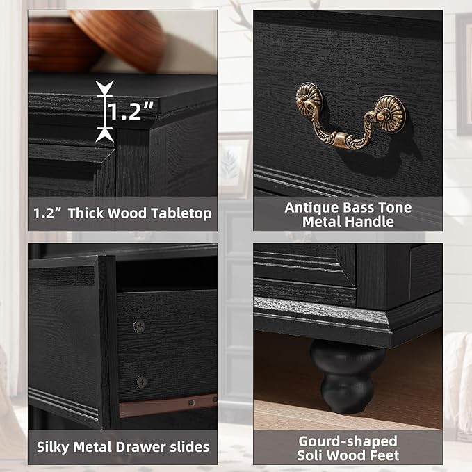 Farmhouse 4 Drawer Dresser for Bedroom, 37" Tall Rustic Chests of Drawers w/ 4 Solid Wood Feet, Mid Century Modern Wooden Closet Storage Dressers Organizer for Living Room, Hallway, Black