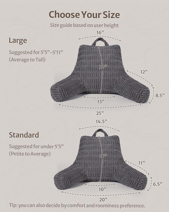 Blissful Diary Reading Pillow, Backrest Pillow with Shredded Memory Foam for Adult & Children, Designed for Bed and Couch Sitting Up, Includes Arms, Pockets and Washable Cover, Dark Gray