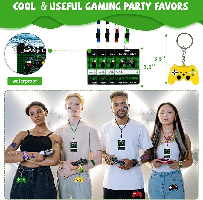 146 Pcs Video Game Party Favors, Gamer Party Favors -Ink Pen Notebook VIP Passes with Lanyards Slap Bracelets Keychains Bags Tattoo Stickers for Kids Gaming Party Favors Game On Birthday Party Favor