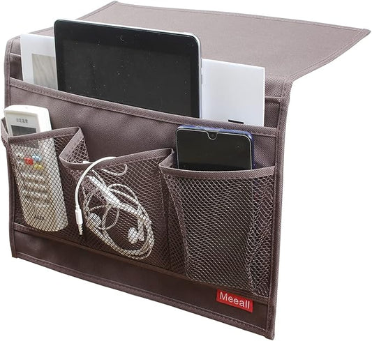 Bedside Storage Organizer with Pockets, Bedside Organizer Caddy for Remote Control, Table Cabinet, Phones, Magazines, Tablets, Accessories, Brown