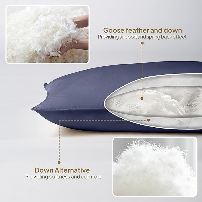 Goose Down Body Pillow for Side Sleeper, Long Body Pillows for Adults, Large Hugging Feather Body Pillow Insert, Cooling Full Length Pillow for Bed with 100% Organic Cotton Shell, Navy Blue 20"x72"