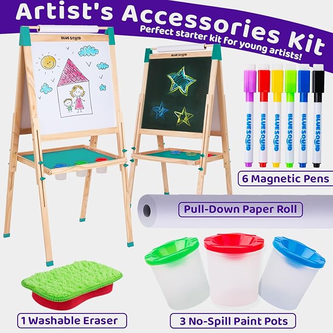 Blue Squid Art Easel for Kids - Dual-Sided Adjustable Wooden Painting Easels, Ideal Christmas Gift for Toddlers and Kid - with Magnetic Chalk Board, White Board & Paper Roll, Includes Accessories