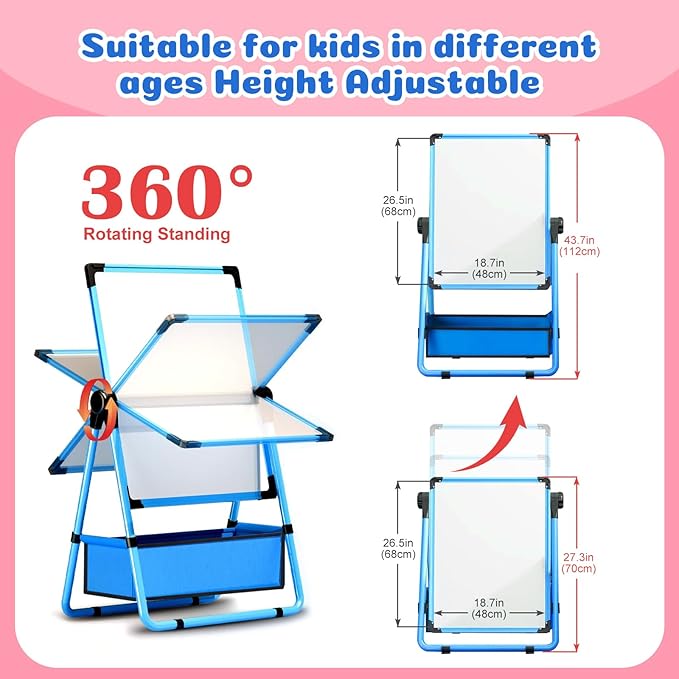Kids Easel Double-Sided Art Easel with Paper Clip Height Adjustable Whiteboard & Chalkboard 360°Rotating Standing Art Easel for Kids Gift for Boys and Girls Toys for Ages 2-4