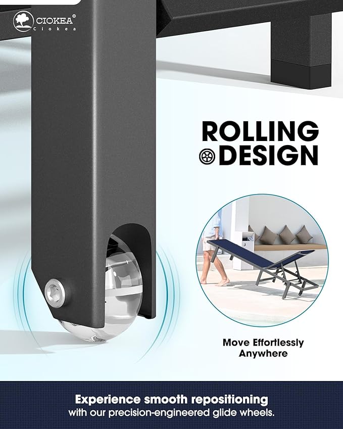 Aluminum Chaise Lounge Chair Outdoor with Wheels, Patio Lounge Chair with Adjustable 5-Position Recliner and Full Flat Tanning Chair for Patio, Beach, Pool, Navy Blue