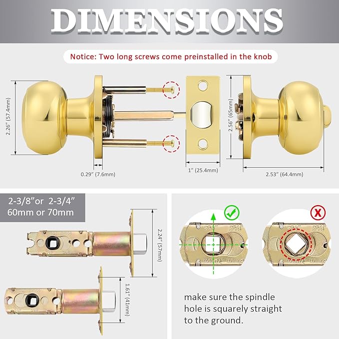Probrico Privacy Door Knobs Lock Interior Bedroom Bathroom Door Handle Polished Brass Round Ball Keyless Lockset 4 Pack