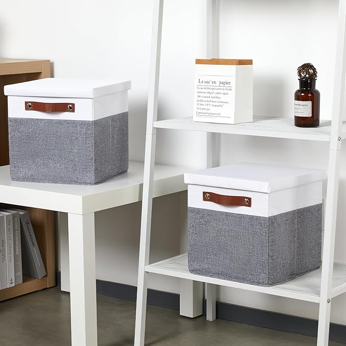 Temary Foldable Fabric Storage Bins with Lids, 2-Pack Storage Bin for Organizing Living Room, Closet Organization, Multi-Purpose Storage Boxes for Clothes (White&Grey, 10.5x10.5x10.5in)
