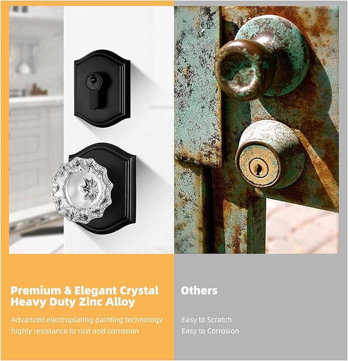 Crystal Glass Passage Door Knob and Single Cylinder Deadbolt Combo Set, Matte Black Finish