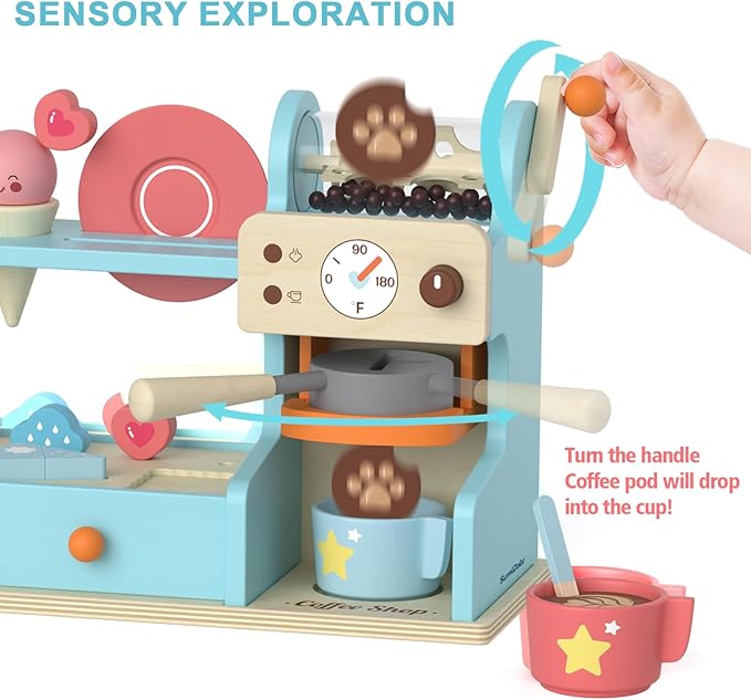42PCS Wooden Kids Coffee Maker Toy Play Set 3 in 1 Ice Cream Dessert Maker Playset Toy,Pretend Play Food Kitchen Accessories,Montessori Shape Sorter Toy for Girl and Boy