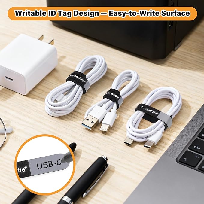 SummerBrite 70 Pack Black Cable Ties 6 Inch with Writable Labels, Reusable Cable Management Straps, Hook and Loop Cord Organizer for Home Office, PC Desk Setup, Electronics & Travel Wire Management