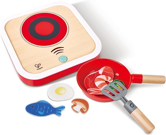 Hape: Interactive Stove Set - Light & Sound, Wooden Cooking Kitchen Play Set, 7pc Felt Food Accessories, Chef Realistic Pretend Play Toy, Kids Ages 3+