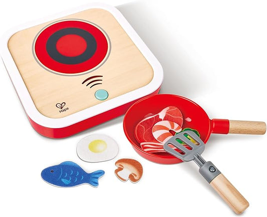 Hape: Interactive Stove Set - Light & Sound, Wooden Cooking Kitchen Play Set, 7pc Felt Food Accessories, Chef Realistic Pretend Play Toy, Kids Ages 3+