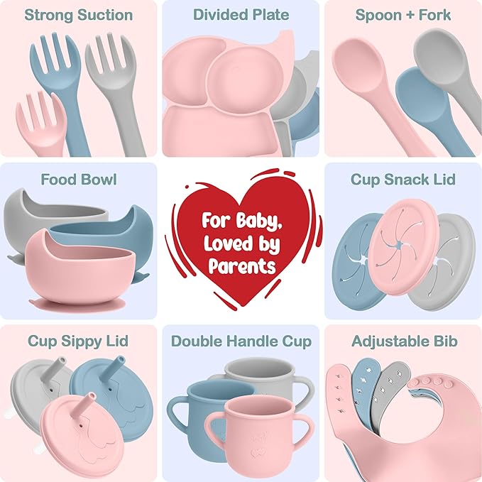 24 Pack Silicone Baby Feeding Set - 6+ Months Food Grade Baby Feeding Essentials | Silicone Bibs, Baby Bowls and Plates, 3 in 1 Baby Sippy Cup, Spoons and Fork Set | Free of BPA/PVC/Lead/Phthalate