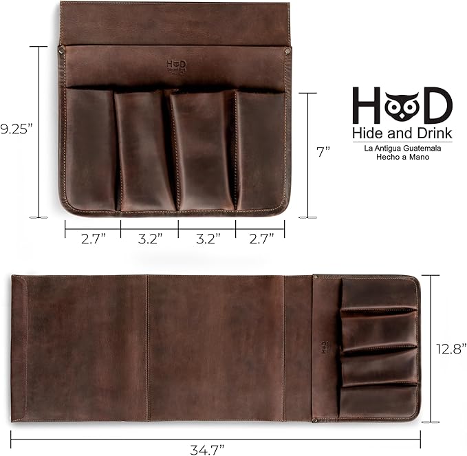 Hide & Drink, Magazine Holder for Sofa Armrest, Organizer Pouch, Armchair Caddy, Full Grain Leather, Handmade (Bourbon Brown)