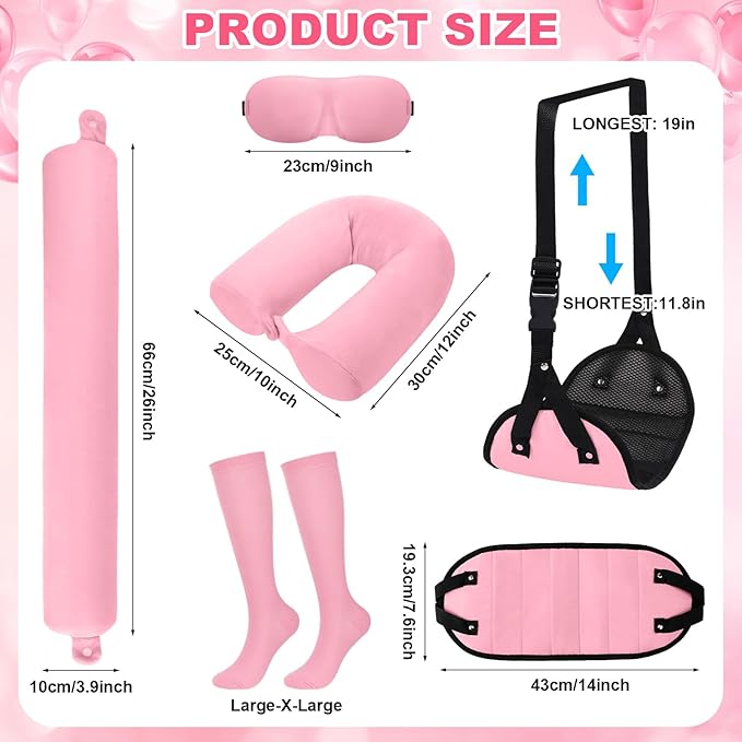 BreezeHug 4 Pcs Travel Comfort Kit with Memory Foam Travel Pillow Airplane Footrest Hammock 3D Contoured Eye Mask Compression Socks Neck Pillow for Car Flight Sleeping Support(Pink)