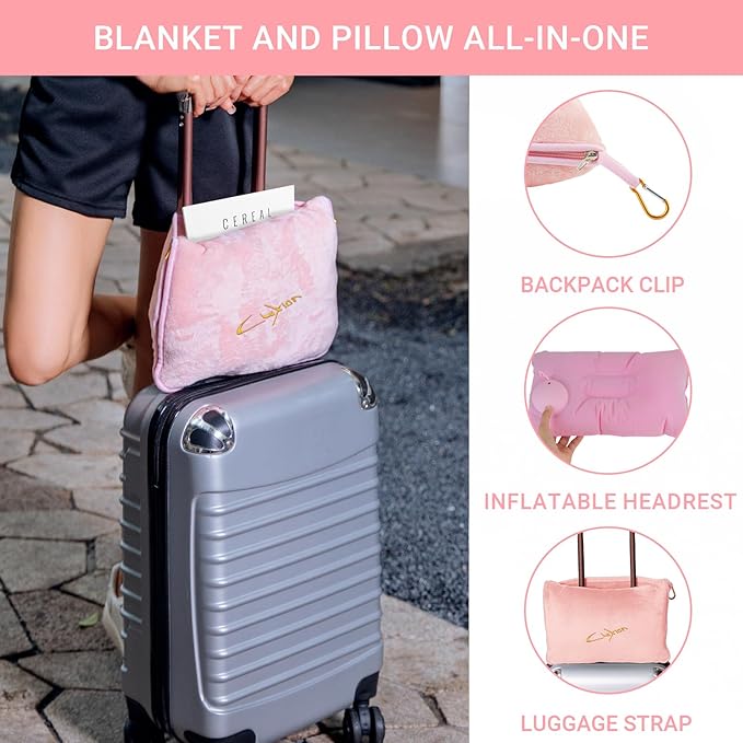 CLEXION Travel Blanket & Pillow Set, 300 GSM Soft Fleece, 60x43 Inches, 3-in-1 Airplane Blanket, Travel Pillow and Blanket Set, Travel Blanket Airplane Compact with Bag, Travel Essentials, Pink
