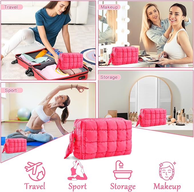 Puffer Quilted Makeup Bag Cosmetic Bags,Puffy Travel Toiletry Pouch for Women,Cute Checkered Zipper Bag Travel Essential,Portable Aesthetic Make up Organizer Bag for Gifts Work Daily(RoseRed,M)