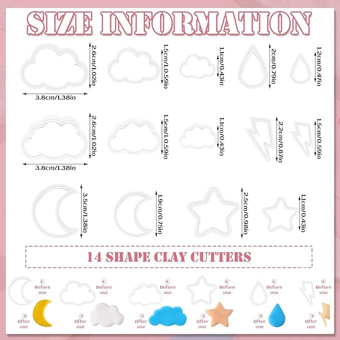 Kajaia 14 Pcs Polymer Clay Cutters Set, Cloud Moon Star Crescent Clay Earring Cutters Rain Drop Lightning DIY Jewelry Making Supplies for Beginners Adults Christmas Gifts
