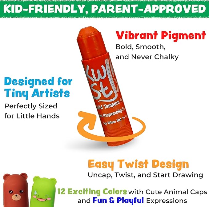 Kwik Stix Cuties Washable Paint Sticks for Kids & Toddlers, 12 Non-Toxic Colors, Quick-Drying, Allergen-Free, Solid Tempera with Cute Caps