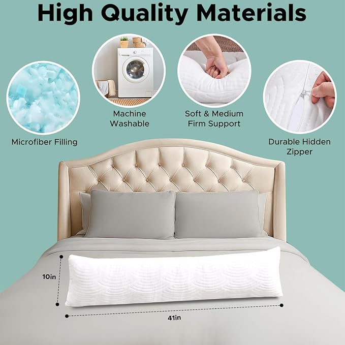 Body Pillow, Memory Foam Body Pillows for Adults Sleeping, Long Pillow for Sleeping with Removable Cover and Adjustable Filling for Side Sleeper & Pregnancy, 41x10 Inch, White
