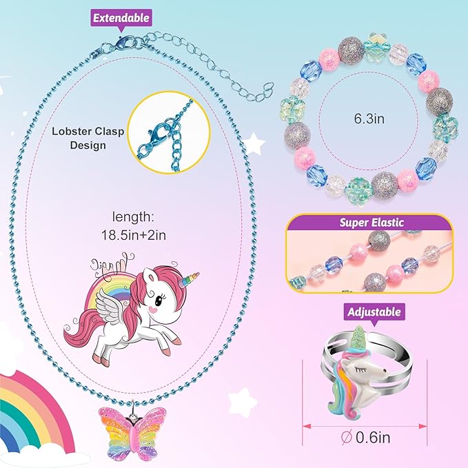 Kids Jewelry for Little Girls Ages 4-6, Unicorn Play Necklace Bracelets Rings for Toddlers Girls 3-5 6-8, Childrens Costume Dress Up Jewelry Set, Princess Gifts for 3 4 5 7 6 8 Year Old Party Favor