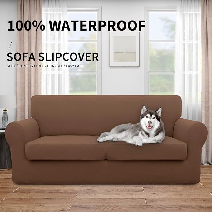 Easy-Going 100% Dual Waterproof Oversized Loveseat Cover Stretch Soft Couch Cover for Dogs, Sofa Slipcover for 2 Separate Cushion Couch Leakproof Furniture Protector for Kids, Pets Brown