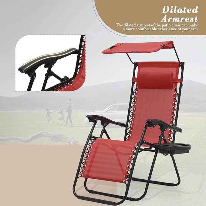 Athena Collection Zero Gravity Outdoor Lounge Chair Set of 2 with Canopy Shade, 25" Width Pool Lounge Lawn Chairs Reclining with Cup Holder, Outdoor Chaise for Beach Patio Outside, Dark Red