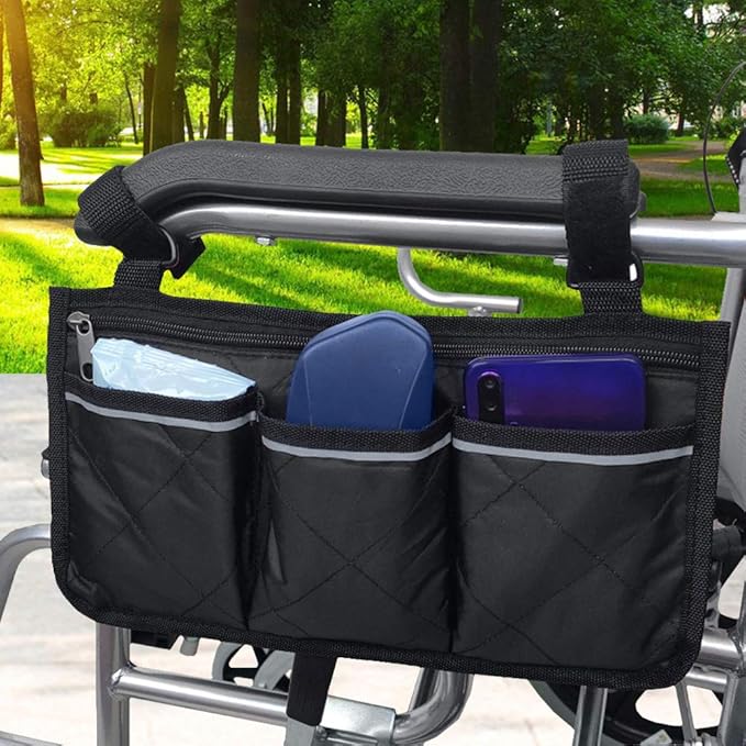 Xiaokeis Wheelchair Side Organizer Storage Bag Armrest Pouch with Cup Hold and Reflective Strip, Waterproof Storage Pouches for Most Wheelchairs Rollators, Walkers Wheelchairs Accessories(Purple)