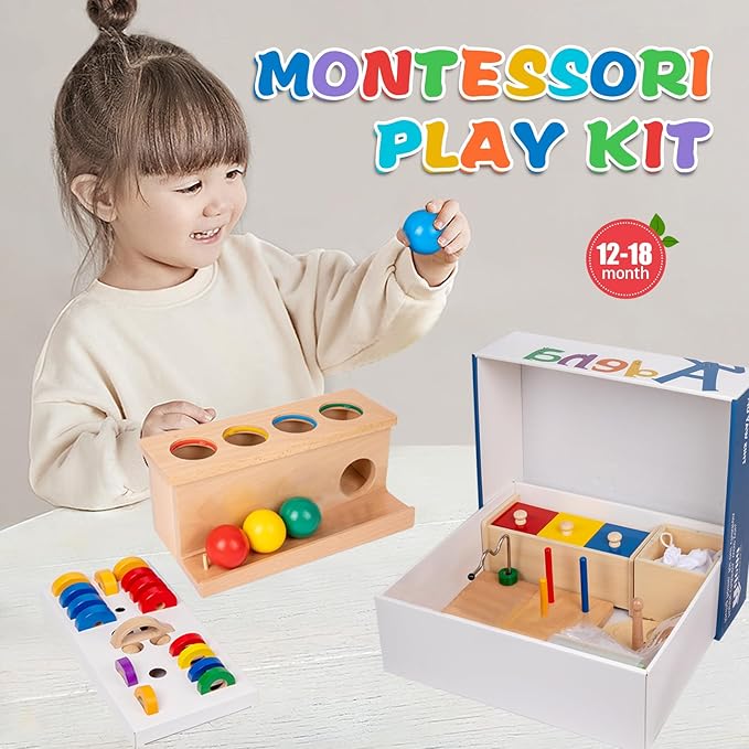 Adena Montessori Play Kit for 13-15 Month Baby,10 in 1 Wooden Learning Educational Toys for Toddler,Include Color Pegs&Rings,Object Permanence Ball Push and More,Christmas Birthday Gift for Boys Girl