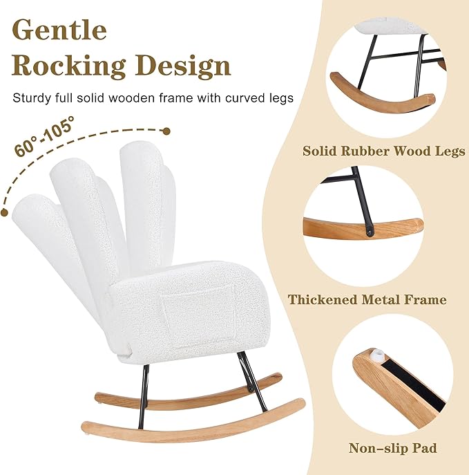 VECELO Rocking Chair Nursery with Thick Headrest, Modern Teddy Upholstered Reading Glider Rocker Accent Armchair with High Backrest, Padded Seat, Side Pocket, for LivingRoom, Bedroom, Baby Room, White