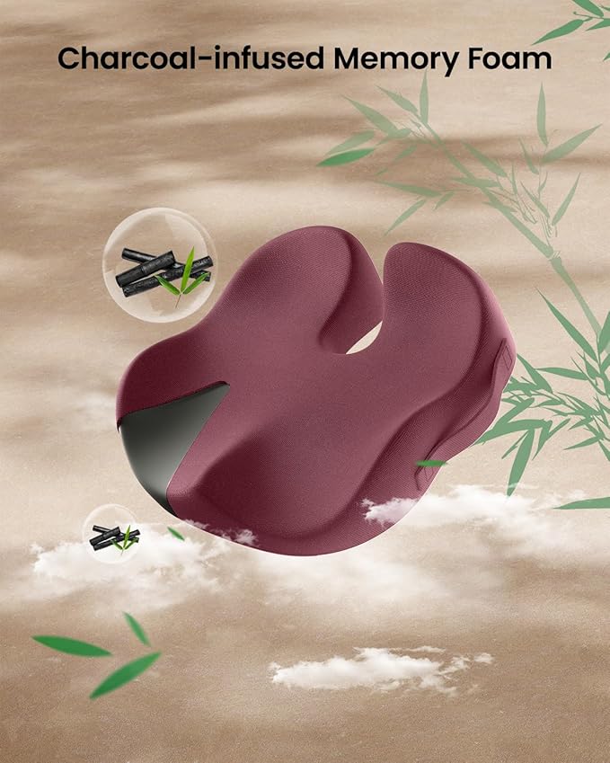 ProtoArc Seat Cushion, Office Chair Cushion for Sciatica, Coccyx Cushion, Ergonomic Memory Foam Seat Cushion for Car, Home, Pressure Relief Pad for Hip, Tailbone, All Day Comfort - Wine Red