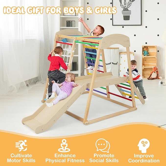 Costzon Indoor Jungle Gym, 6-in-1 Montessori Climbing Toys for Toddlers with Slide, Climbing Net, Monkey Bars, Wooden Playground Climber Playset for Kids Gifts Presents