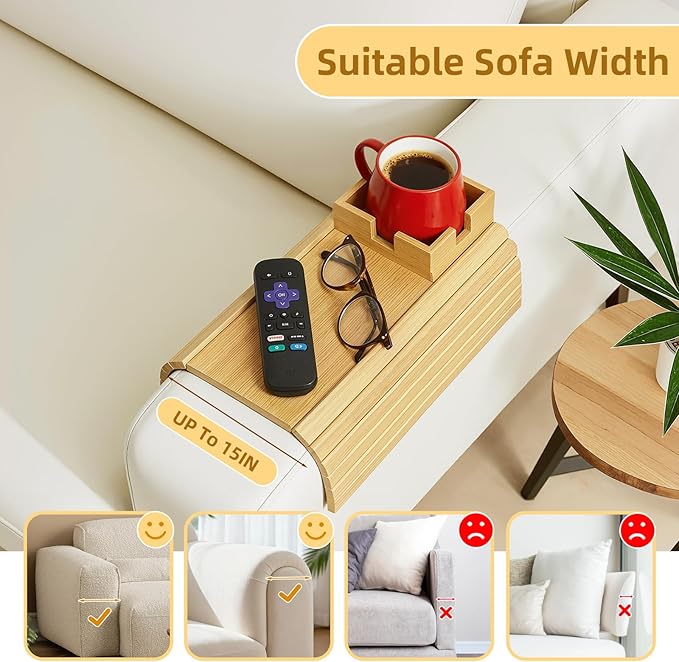 Bamboo Couch Cup Holder & Armrest Tray - Extend Your Comfort with a Secure Drink Slot and Snack Space for Recliner, Loveseat, or Sofa (Large)